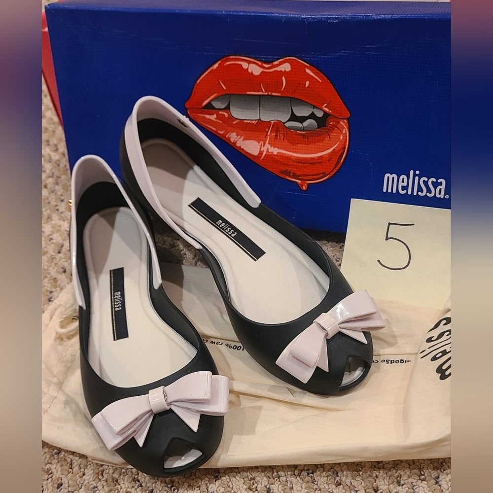Melissa Black Flats with Pink Bow